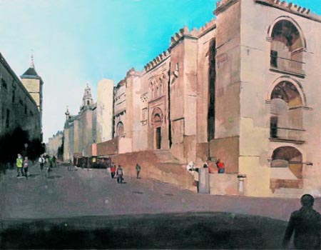 =Patrimonio con turistas= Calle Torrijos y el muro occidental de la Catedral (Palacio Episcopal al fondo)
