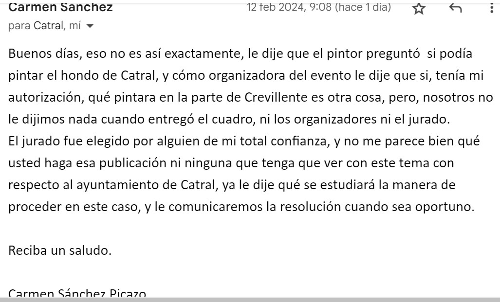 Carta de la Concejala de Cultura y Educación de Catral sobre el plagio del primer premio