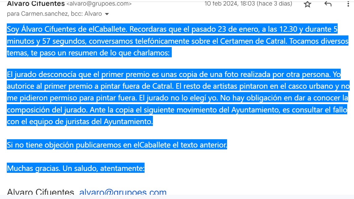 Carta de Álvaro Cifuentes a la Concejala de Cultura y Educación de Catral 