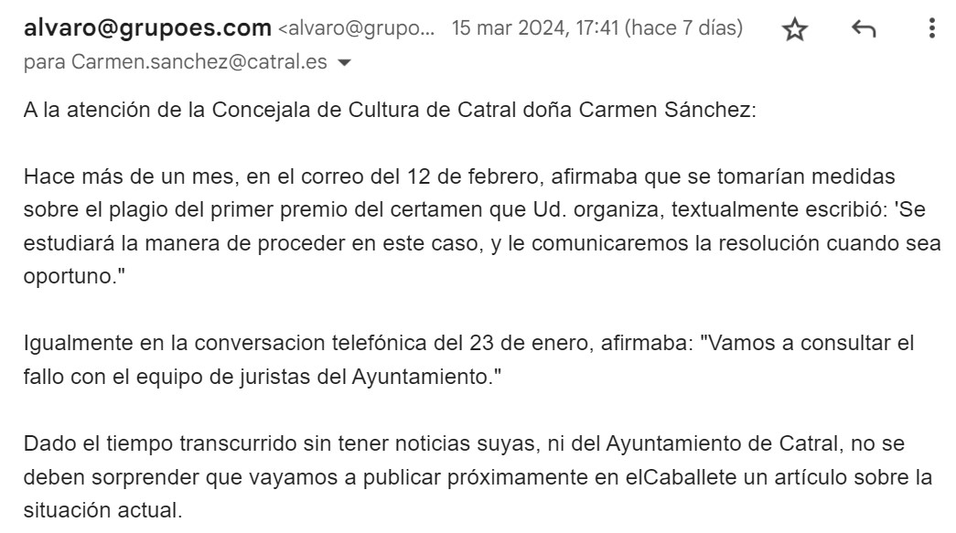 Pulsa para ampliar Publicamos el email dirigido hace una semana por este portal a doña Carmen Sánchez Picazo