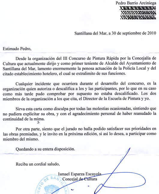 Carta de contestación del Ayuntamiento de Santillana del Mar a la remitida por don Pedro Barrio Arciniega.