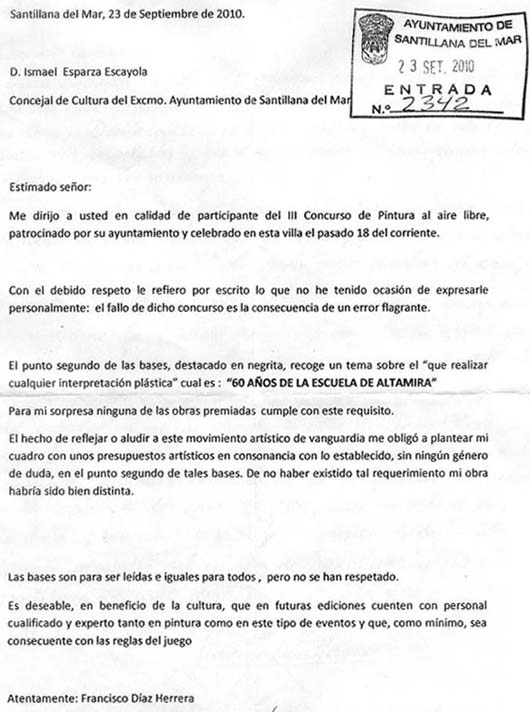 He presentado mi carta de desacuerdo a la concejalia de cultura que se centra exclusivamente en un fallo que no se ajusta a lo escrito en las bases