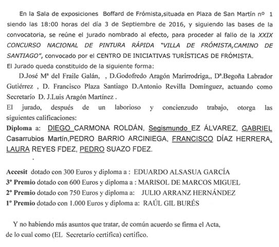 Acta del XXIX Concurso Nacional de Pintura Rápida al Aire Libre Villa de Frómista, Camino de Santiago