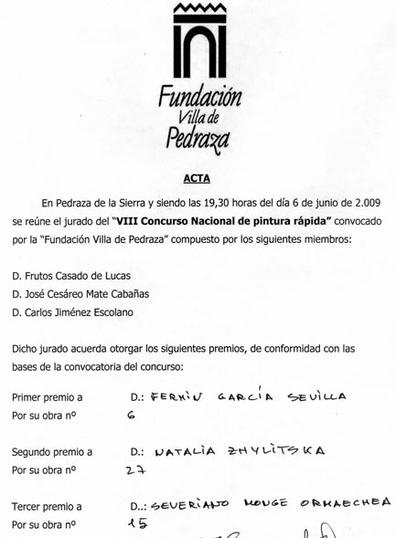Acta del VIII Concurso de Pedraza 6 de junio de 2009
