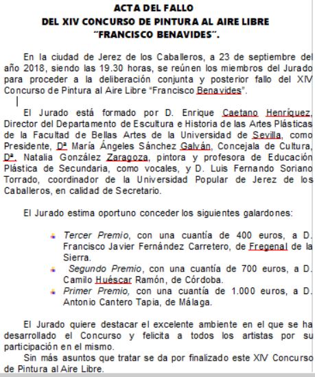 ACTA del XIV Concurso de pintura al aire libre de Jerez de los Caballeros Francisco Benavides,