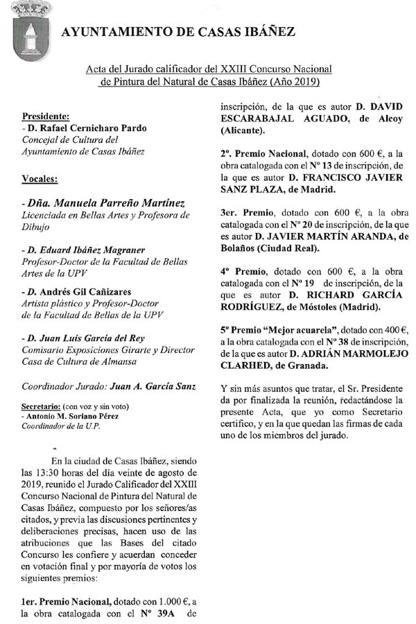 ACTA de la XVII edición del Concurso nacional de pintura del natural de Casas Ibáñez (Albacete)