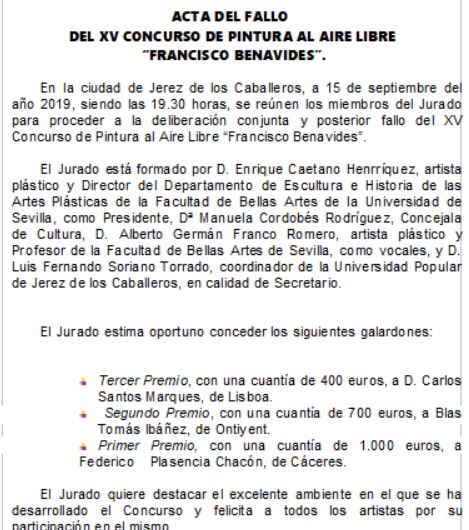 Acta del XV Concurso de Pintura al Aire Libre =Francisco Benavides=