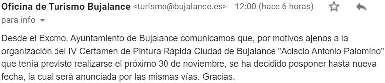 Correo del Ayuntamiento de Bujalance anunciando el aplazamiento del certamen