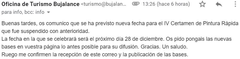 Correo del Ayuntamiento de Bujalance anunciando la nueva fecha del certamen