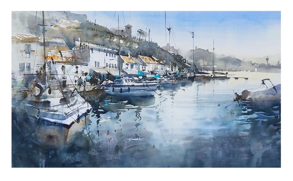 Pulsa para ampliar Luz de tarde, Puerto de Mahón Mallorca). Acuarela/papel de 116x81 cms.