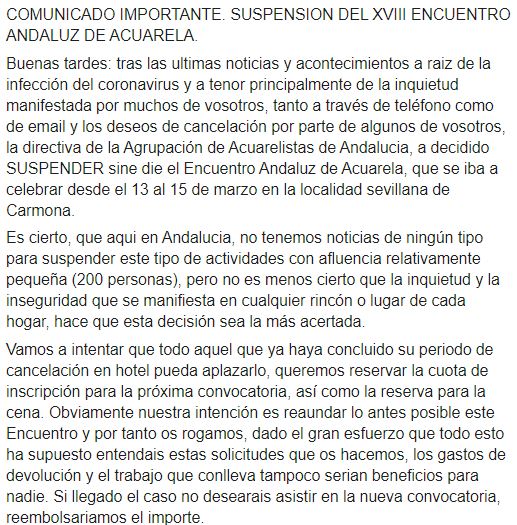 SUSPENSION DEL XVIII ENCUENTRO ANDALUZ DE ACUARELA.