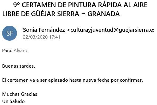 EMAIL APLAZADO 9º CERTAMEN DE PINTURA RÁPIDA AL AIRE LIBRE DE GÜÉJAR SIERRA 