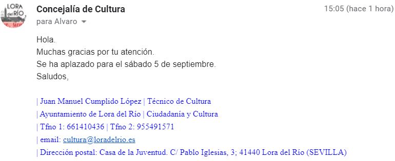 CORREO RECIBIDO de la Concejalía de Cultura del Ayuntamiento de Lora del Río 