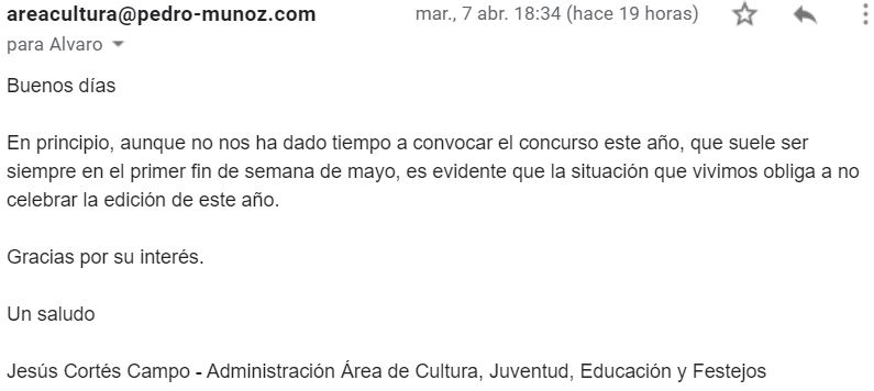 EMAIL RECIBIDO de Jesús Cortés Campo - Administración Área de Cultura, Juventud, Educación y Festejos 