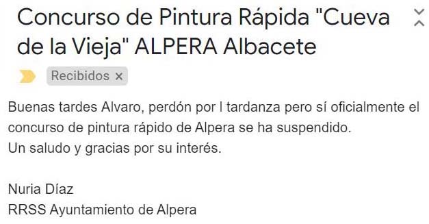 Pulsa para ampliar Email en que nos informa el AYUNTAMIENTO de ALPERA de la SUSPENSIÓN