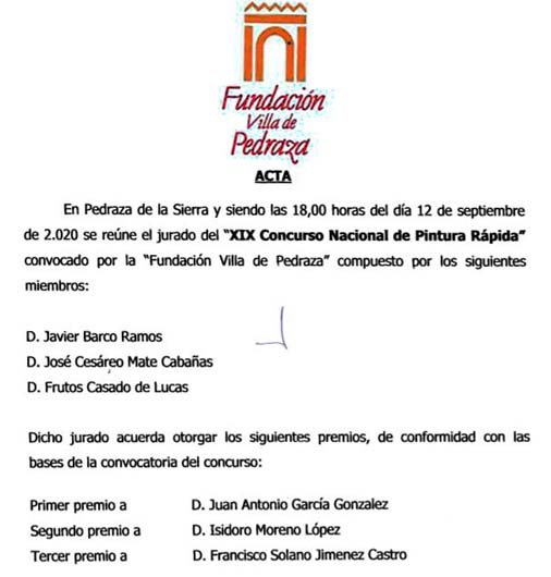 Acta del XIX Concurso Nacional de Pintura Rápida de Pedraza