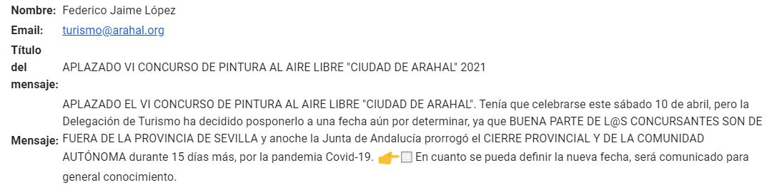 EMAIL remitido por: Federico Jaime López  turismo@arahal.org 