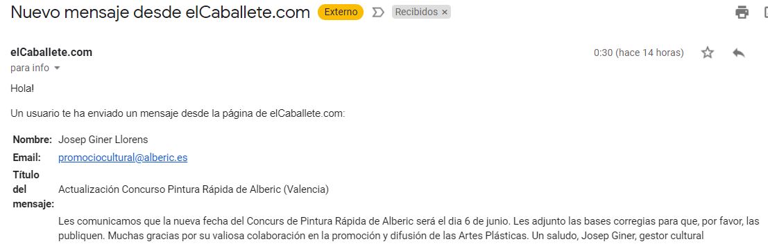 CORREO de Josep Giner, Gestor cultural Ayuntamiento de Alberique /// Les comunicamos que la nueva fecha del Concurso de Pintura Rápida de Alberic será el día 6 de junio