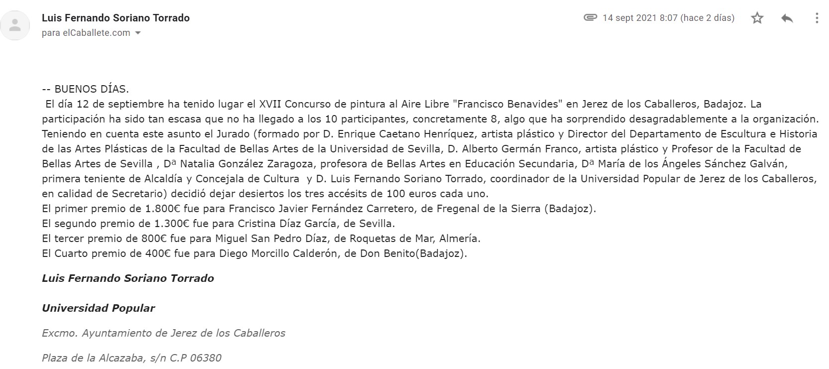 Correo dirigido a elCaballete por Luis Fernando Soriano Torrado - Universidad Popular Ayuntamiento de Jerez de los Caballeros