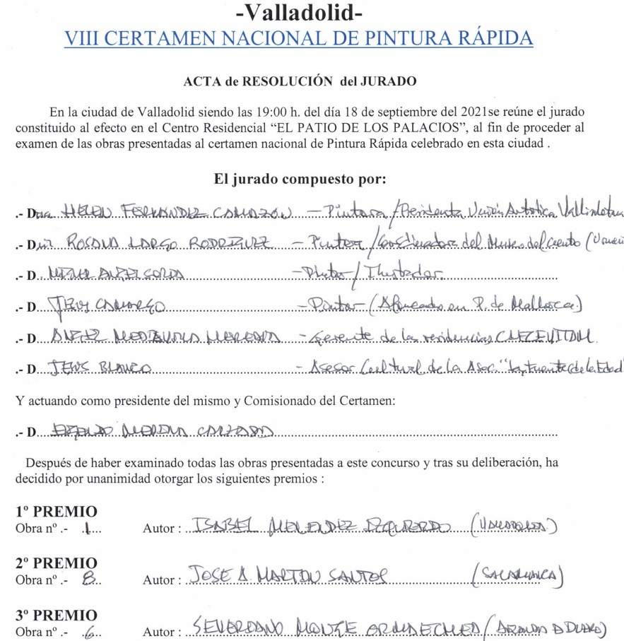 Pulsa para ampliar Acta del VIII Certamen Nacional de Pintura Rápida FUENTES de la EDAD