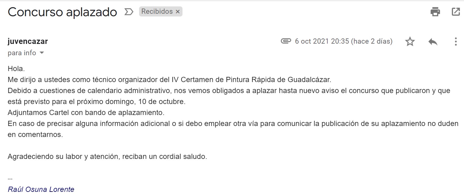 Pulsa para ampliar Correo de Raúl Osuna Lorente Técnico de Cultura. Ayuntamiento de Guadalcázar