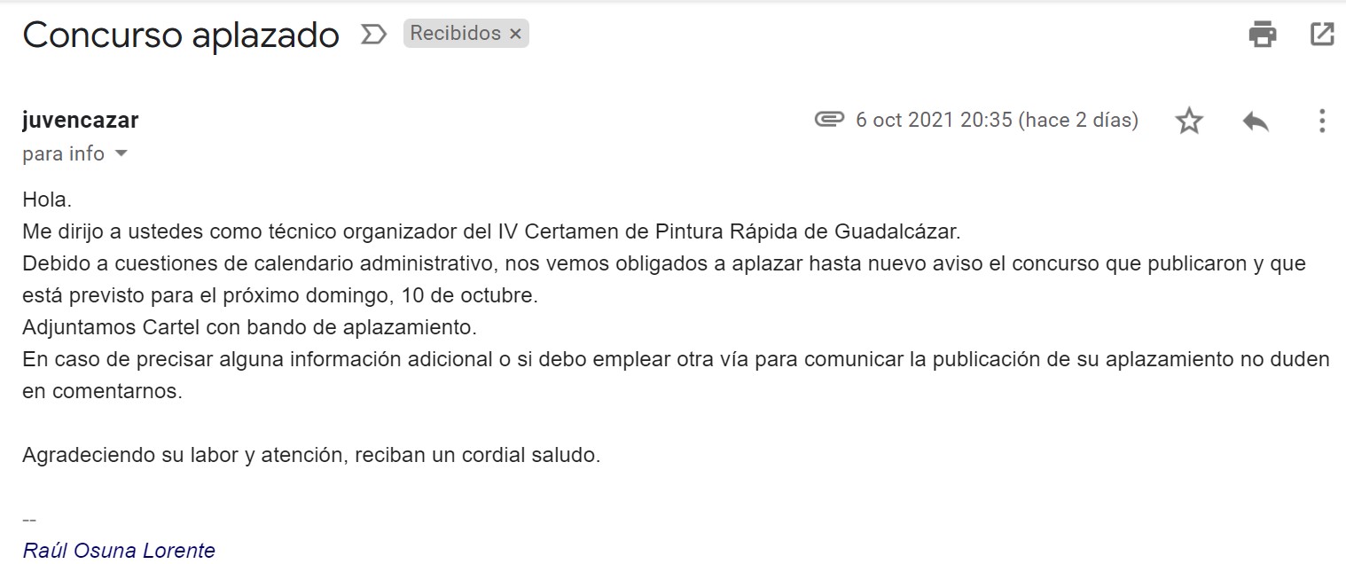 Correo de Raúl Osuna Lorente Técnico de Cultura. Ayuntamiento de Guadalcázar