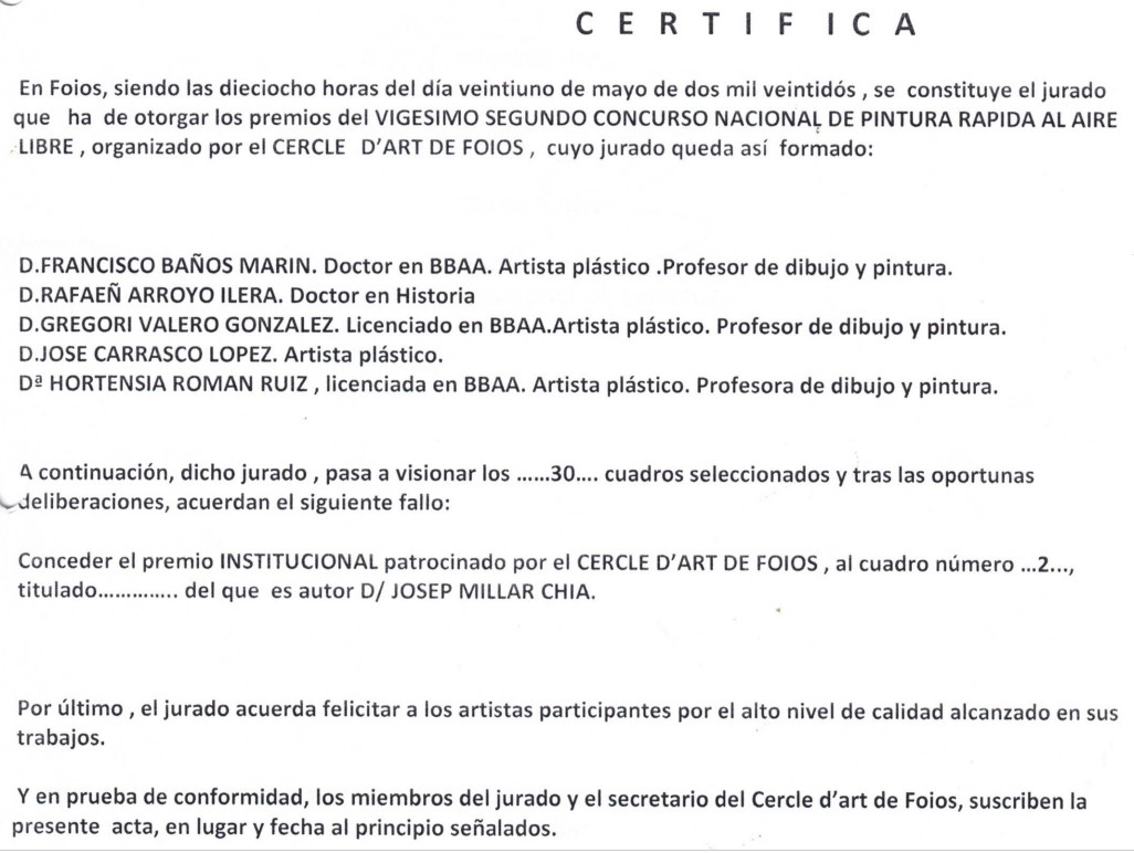 Pulsa para ampliar ACTA del XXII CONCURSO NACIONAL DE PINTURA RÁPIDA Cercle Dart de Foios