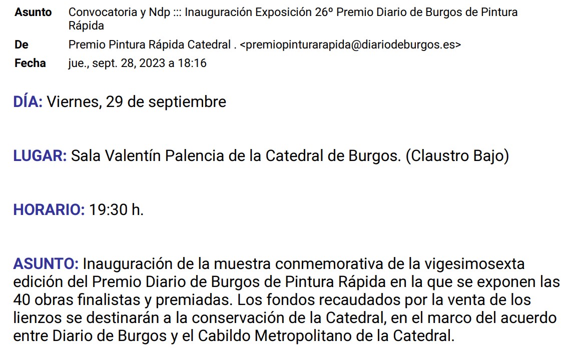 Invitación a la inauguración de la exposición y entrega de los premios el viernes 28 de septiembre del 26º Premio Diario de Burgos de Pintura Rápida Catedral de Burgos 