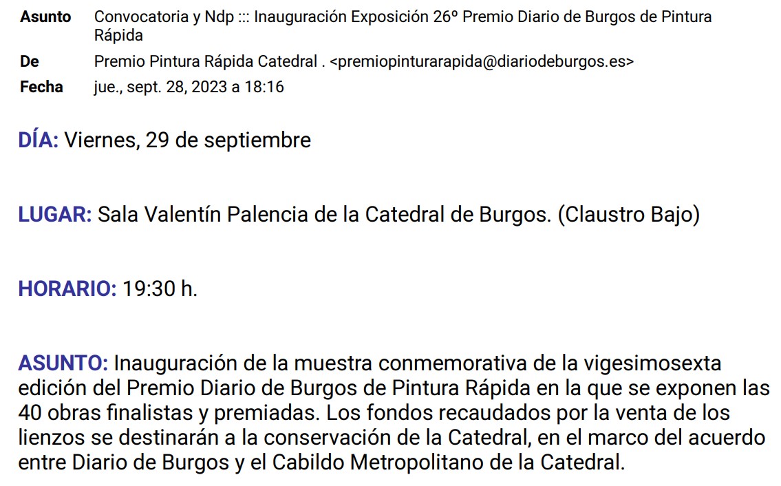 Pulsa para ampliar Invitación a la inauguración de la exposición y entrega de los premios el viernes 28 de septiembre del 26º Premio Diario de Burgos de Pintura Rápida Catedral de Burgos