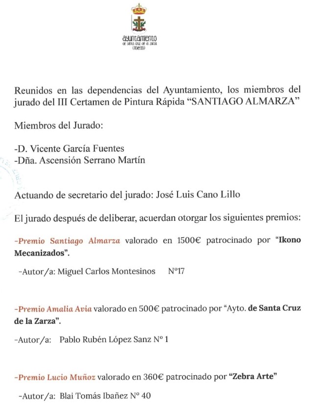Acta (primera página) del III Certamen de Pintura Rápida Santiago Almarza