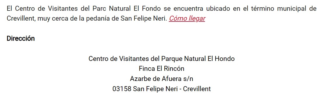 El Centro de Visitantes del Parc Natural El Fondo se encuentra ubicado en el termino municipal de Crevillent