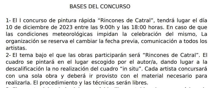 Pulsa para ampliar SEGUNDO PUNTO de las BASES: < El tema bajo el que las obras participarán será Rincones de Catral. El cuadro se pintará en el lugar escogido por el autor/a, dando lugar a la descalificación la no realización del cuadro in situ. >