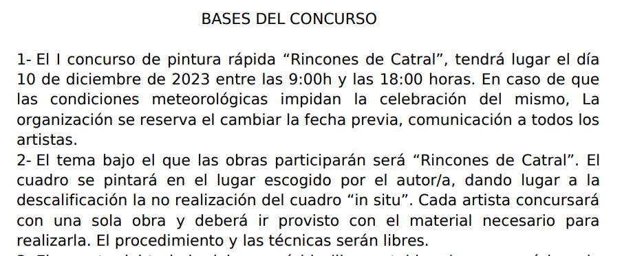 SEGUNDO PUNTO de las BASES:  < El tema bajo el que las obras participarán será  Rincones de Catral. El cuadro se pintará en el lugar escogido por el autor/a, dando lugar a la descalificación la no realización del cuadro in situ.  >