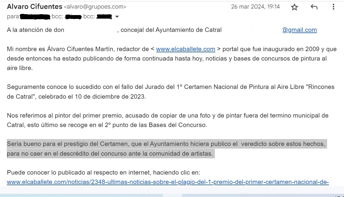 Correo enviado el 26 de marzo de 2024 al concejal don XXX XXXX del Ayuntamiento de Catral