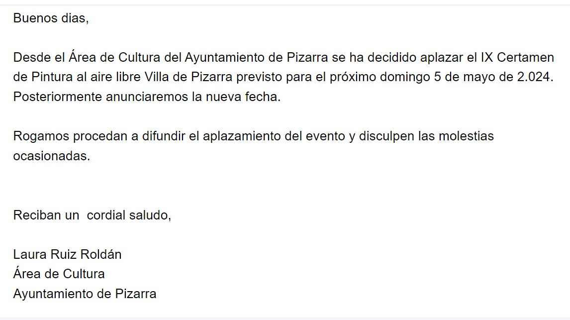 CORREO RECIBIDO del Área de Cultura del Ayuntamiento de Pizarra:  cultura@pizarra.es 