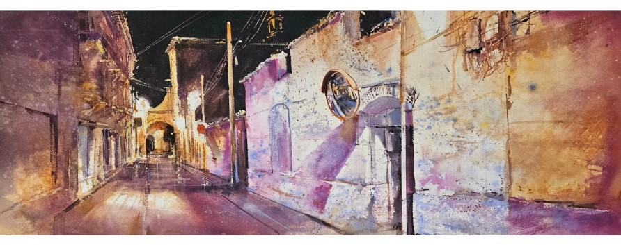 Callejón del Arco, vieja fachada y espejo Acuarela 145 x 60 cm