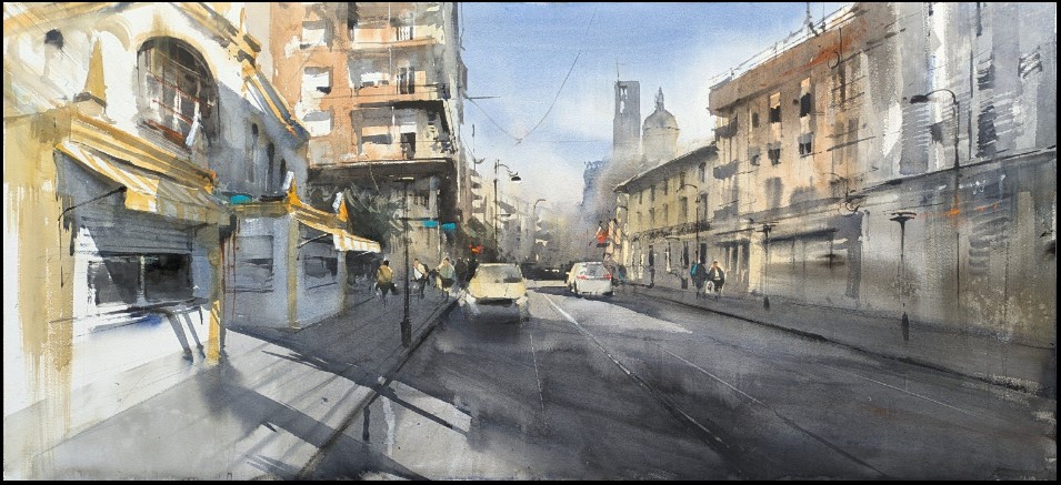 Pulsa para ampliar =Juego de luces Calle Mayor= Acuarela/papel 140x65 cm. 1º premio del Ayuntamiento