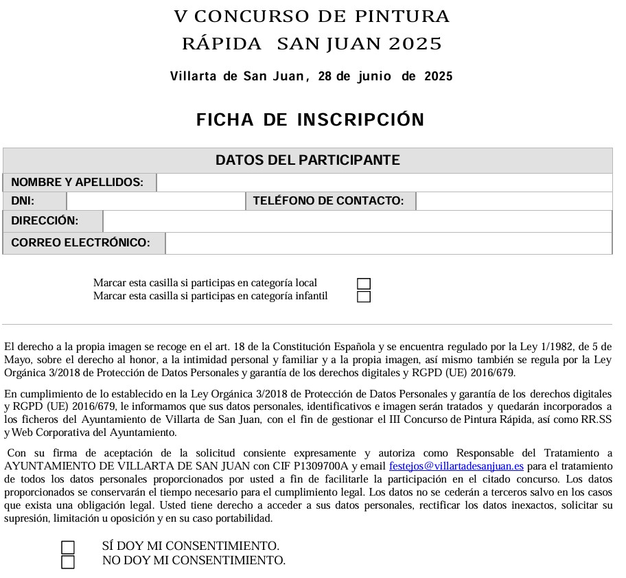 Pulsa para ampliar FICHA DE INSCRIPCIÓN V CONCURSO DE PINTURA RÁPIDA SAN JUAN 2025 - VILLARTA DE SAN JUAN - CIUDAD REAL