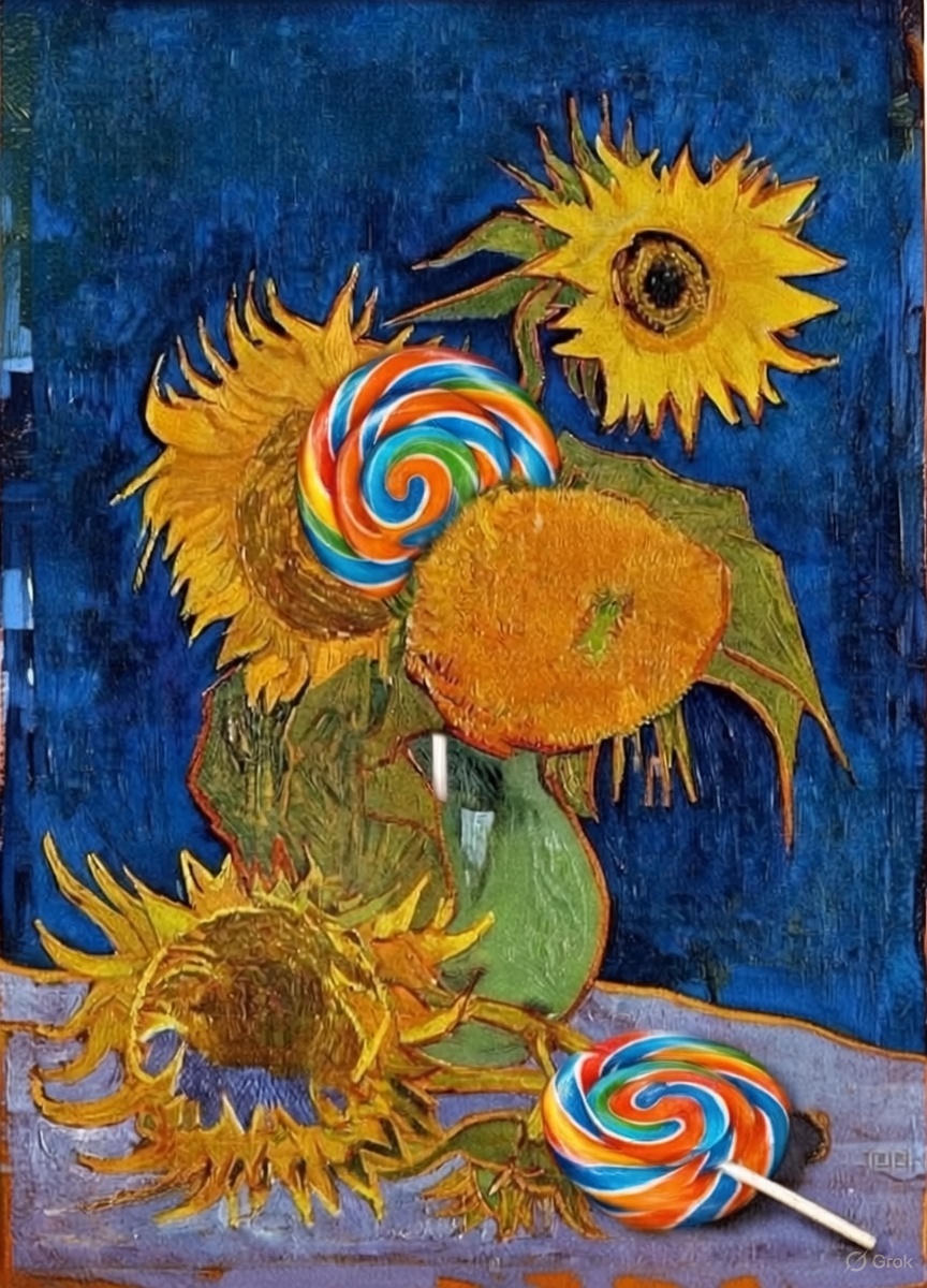 =Jarrón con cinco girasoles y dos piruletas=